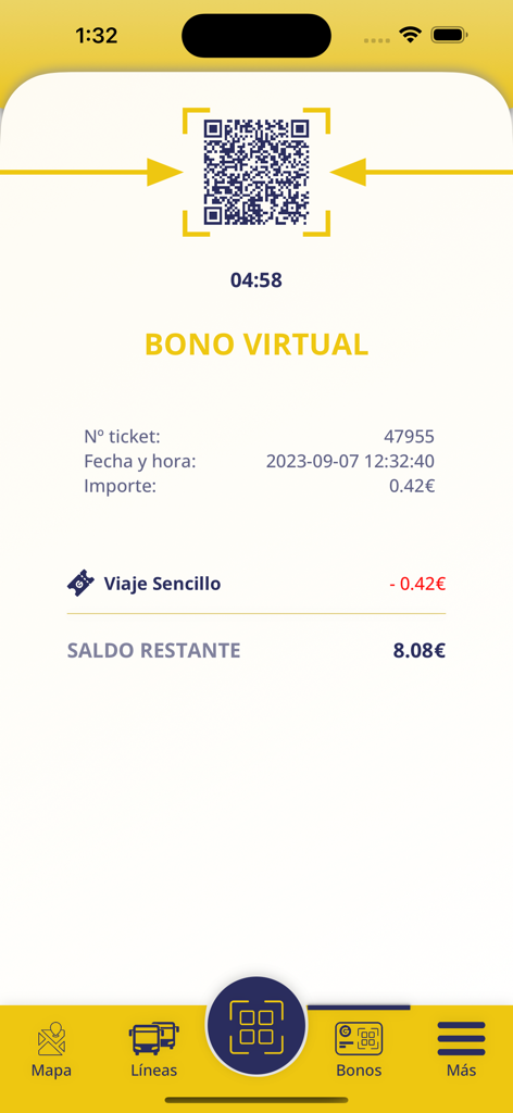 GuaguasLPA - Interfaz de la aplicación GuaguasLPA mostrando un billete de autobús virtual con un código QR y el saldo restante