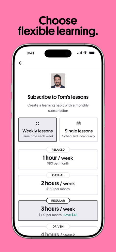 Schermata dell'app Preply che mostra opzioni flessibili di abbonamento per lezioni di lingua