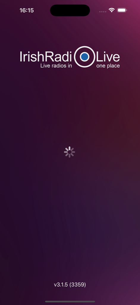 Irish Radio Live - Ireland - The splash screen of the Irish Radio Live app featuring its logo and a loading spinner on a purple background.