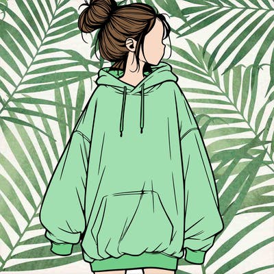 realistic girl with a oversized sweatshirt on and a bun