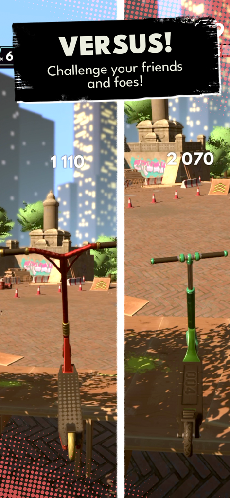 Touchgrind Scooter - Split screen view of red and green scooters competing in a multiplayer versus match