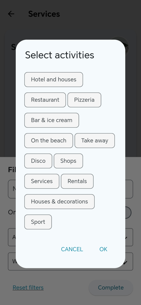Hola Raffa Formentera - A mobile app interface displaying a Select activities popup with options like hotels restaurants and beach locations
