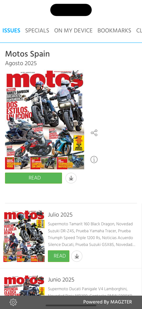 Motos Revista - Digital magazine library view of the Motos Revista app showing monthly motorcycle cover stories