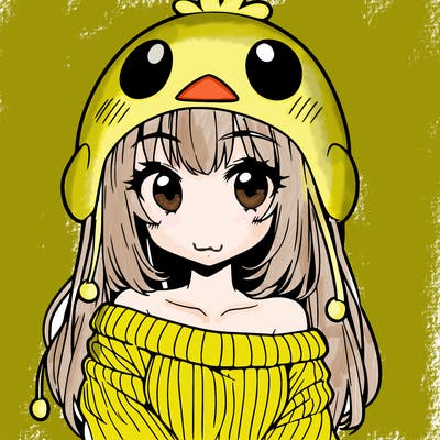 anime girl with chick shaped hat with sweater with bare shoulders with bangs covering them one eye with low tail