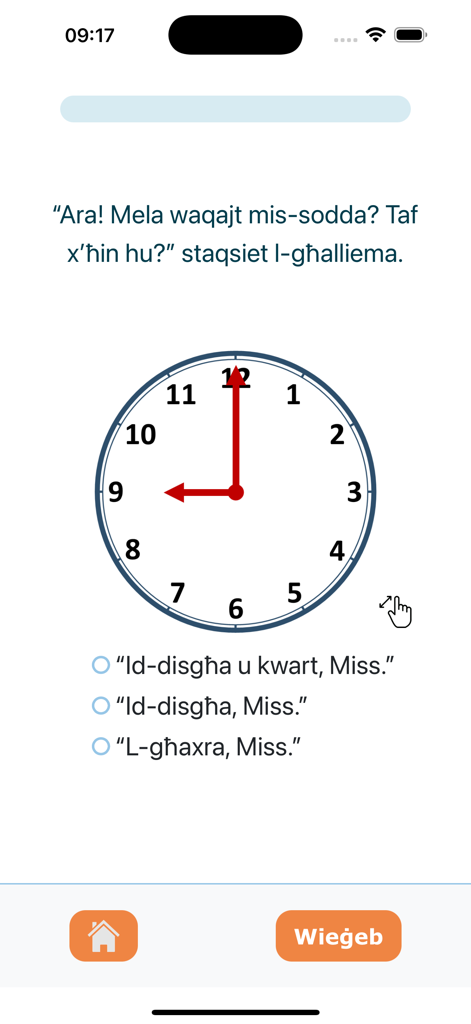 BOBOT Malti bl-AI - マルタ語学習アプリ、9時を指す時計と複数の選択肢が表示されています。