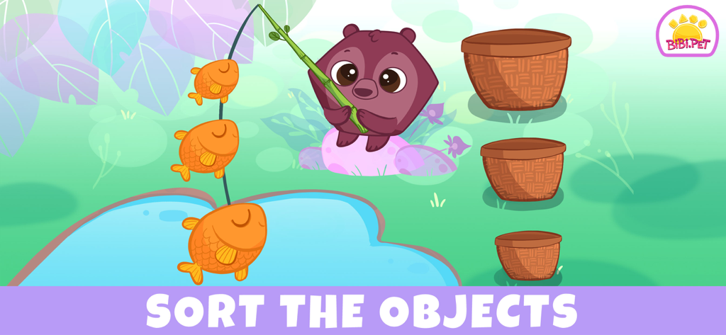 Bibi Jungle: Game for Toddlers - Ein Zeichentrickbär sortiert Fische nach Größe in Körbe in einem Lernspiel für Kleinkinder
