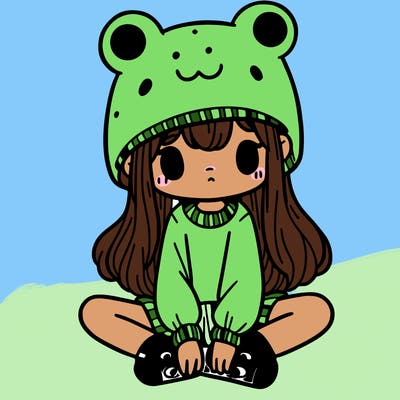 a girl wearing a frog hat and some frog socks