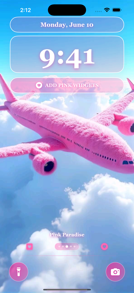 iPhone lock screen featuring a surreal pink furry airplane flying in a blue sky with pink aesthetic widgets and a dreamy theme.