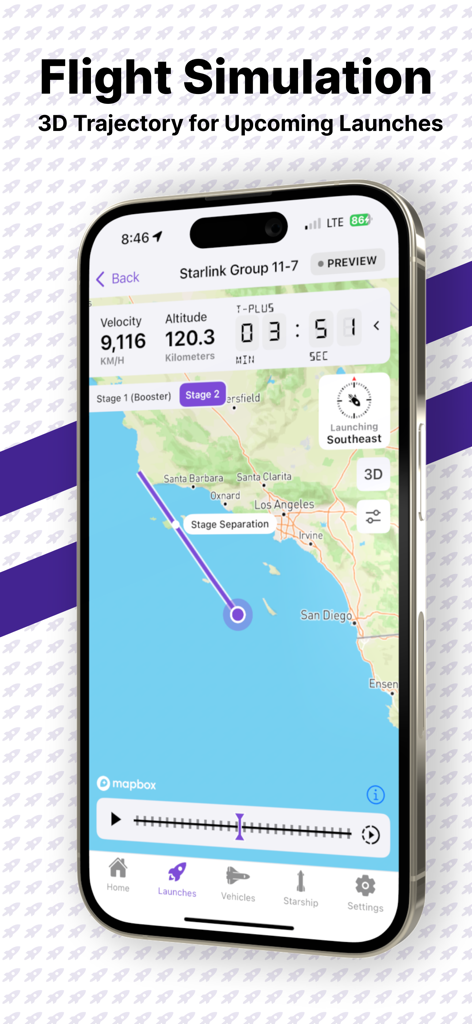 A 3D flight simulation trajectory and real-time telemetry for a rocket launch on the Next Spaceflight app.