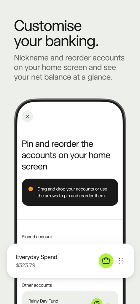 Bankwest - Bankwest mobile app screen for pinning and reordering bank accounts
