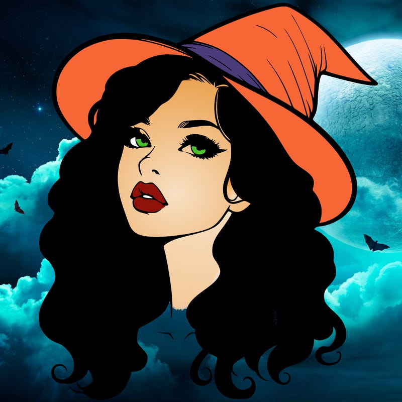 realistic witch girl with wavy hair and lips