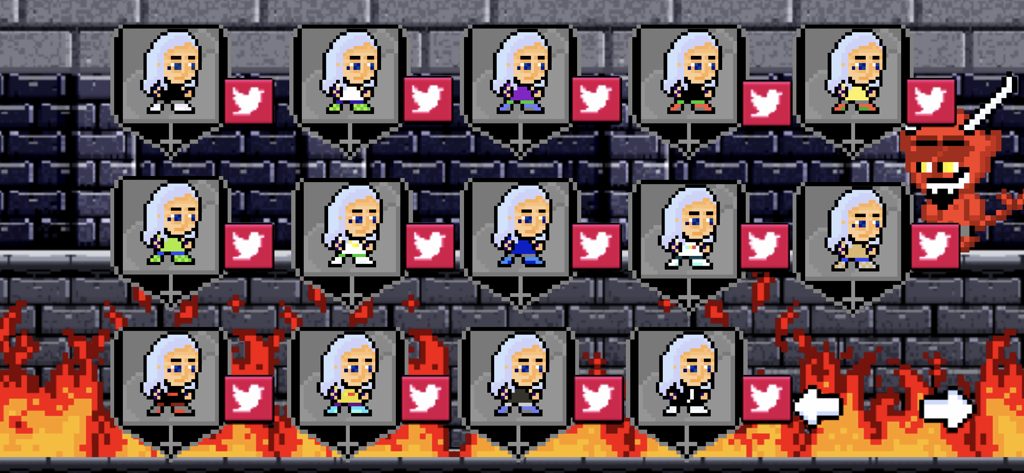 Ghostemane Pentacles - Character selection screen for Ghostemane Pentacles featuring various 8-bit pixel art avatars in pentacle frames over a hellish background.