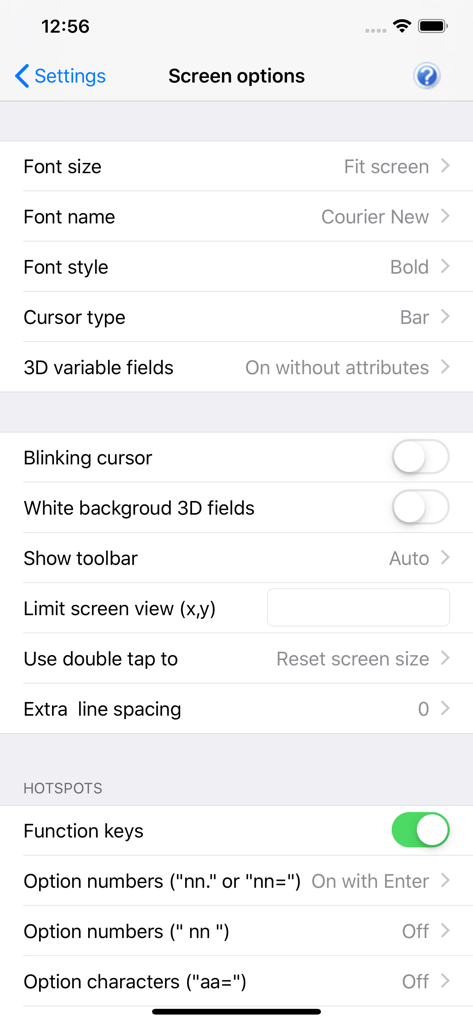 Options d'écran Glink VT affichant les paramètres de police et de curseur