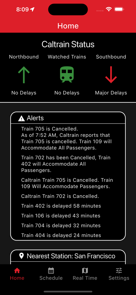 Caltrain Commuter - Caltrain Commuter app home screen displaying real-time train status and service alerts.