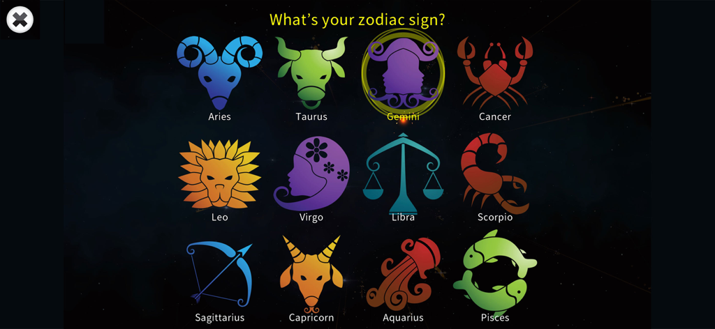 Selection screen of twelve colorful zodiac sign icons in the Astrology Horoscope Premium app