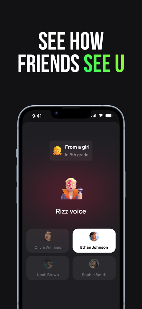 Peek app screenshot showing a secret compliment poll where users vote for friends on categories like rizz voice