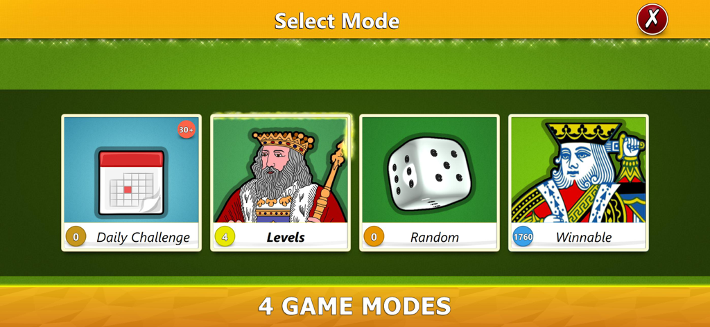 FreeCell Solitaire Mobile - Pantalla de selección de modo de juego mostrando Niveles de Desafío Diario, Aleatorio y Ganables