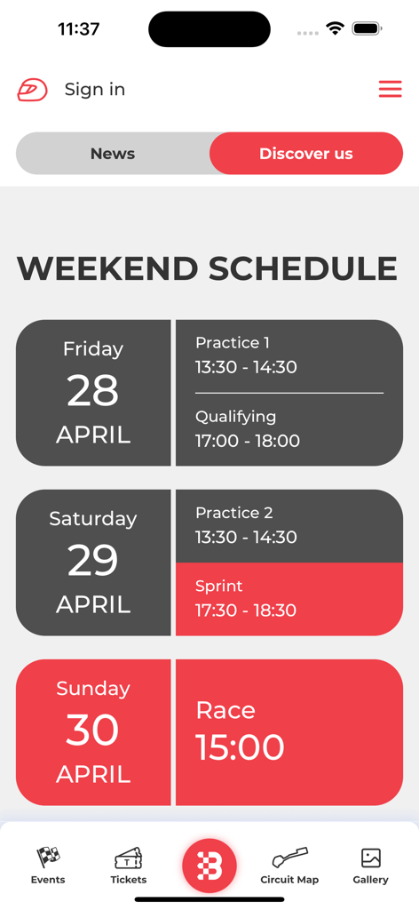 Baku City Circuit - Tela do aplicativo Baku City Circuit exibindo a programação do fim de semana de F1, incluindo treinos livres e classificações.