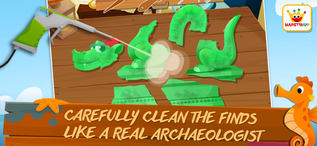 Une relique de dragon vert en train d'être nettoyée avec un outil spécialisé dans le Jeu Éducatif Archéologue.