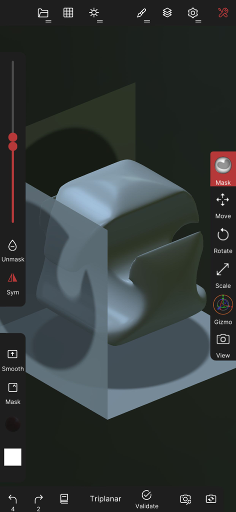 Nomad Sculpt interface showing 3D model editing with masking and triplanar projection tools