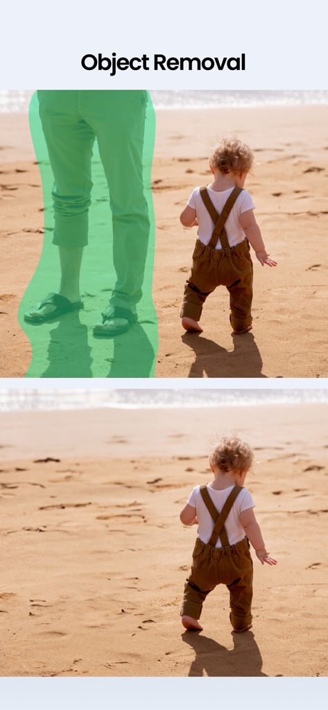 Comparación antes y después de eliminar a una persona de una foto de playa usando TouchRetouch