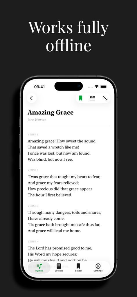 Hymns: Hymn Book - Smartphone screen showing the lyrics to Amazing Grace in the Hymns app with a header stating it works fully offline