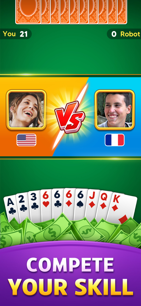 Gin Rummy: Win Real Money - Gin Rummy mobile game interface showing a hand of cards over piles of cash with the text Compete Your Skill.