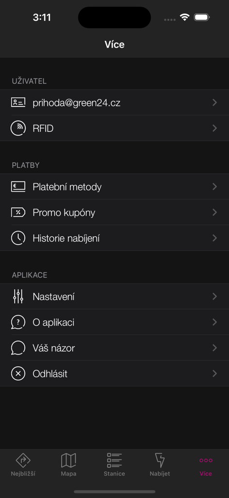 Settings screen of the innogy Charge app displaying user profile information payment methods and charging history in the more menu