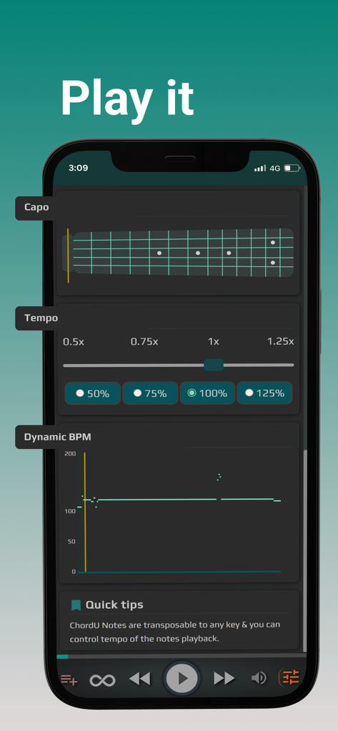 ChordU - get chords & notes - ChordU app interface featuring guitar capo visualization and tempo adjustment controls