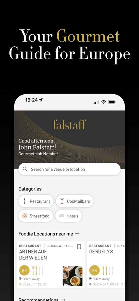 Falstaff Guide - Home screen of the Falstaff Guide app featuring gourmet restaurant and hotel recommendations in Europe.