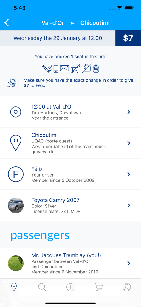 Kangaride ride details screen showing driver info and trip summary