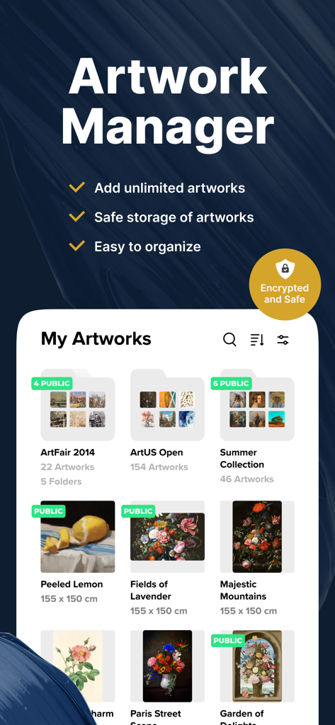 L'interface du gestionnaire d'œuvres d'art dans l'application Canvy montrant des dossiers d'art organisés et des pièces individuelles.