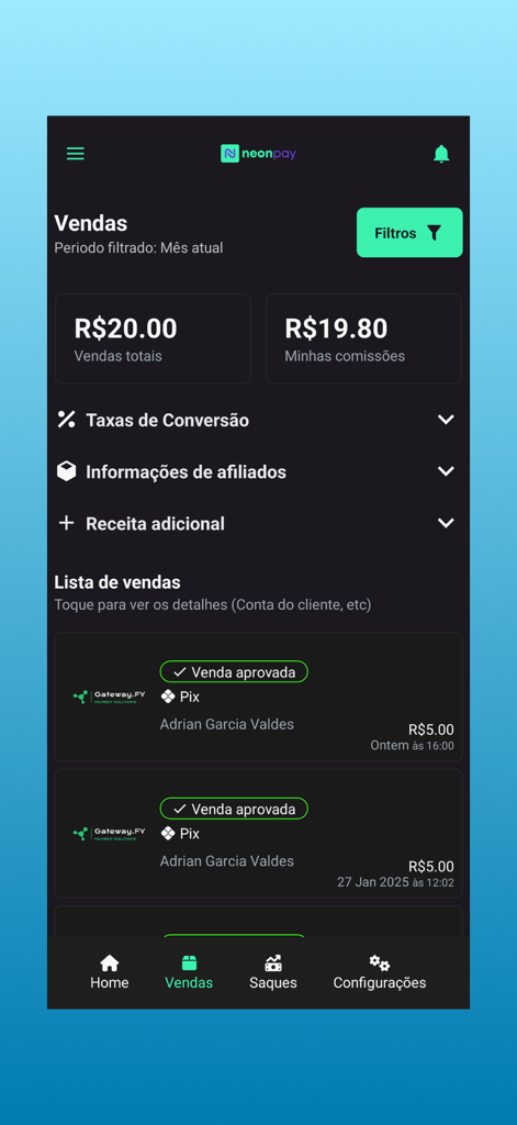 NeonPay mobile app interface displaying sales totals and transaction history