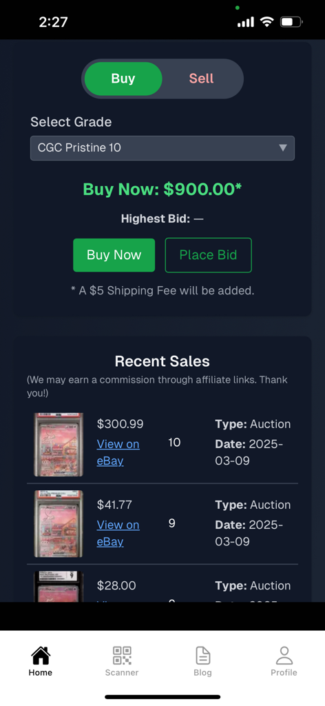 Misprint mobile app interface showing card buying options market prices and recent sales history