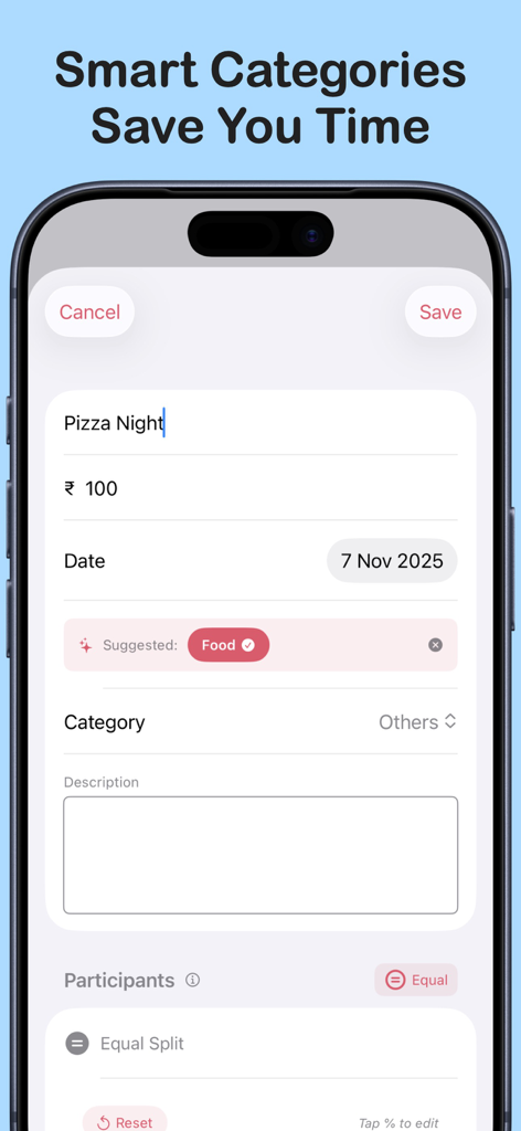 Settle Up - Expense Split - Pantalla de la aplicación móvil Settle Up que muestra categorías sugeridas por IA para un gasto de noche de pizza.