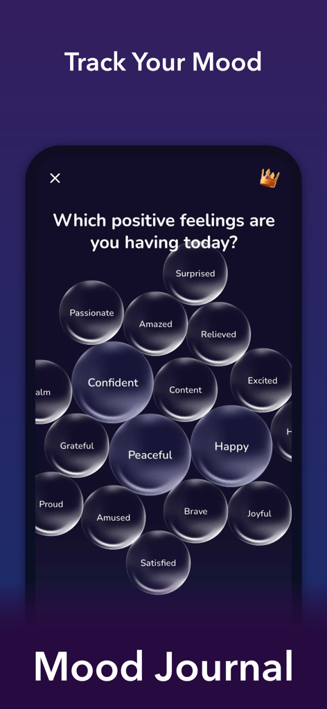 Kismet - Tarot, Astrology - Pantalla del diario de estado de ánimo de la aplicación Kismet que muestra burbujas con emociones positivas para rastrear sentimientos