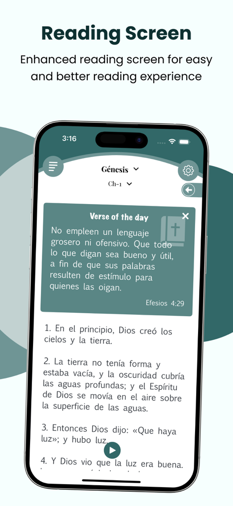 Pantalla de lectura de la app La Biblia NTV Español mostrando el texto de Génesis 1 y el Versículo del Día en español.