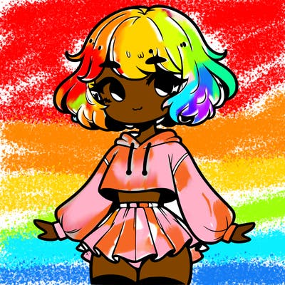 cute femboy with short, fluffy hair that softly frames their face, wearing a cropped hoodie, paired with a flouncy short skirt, and thigh-high stockings