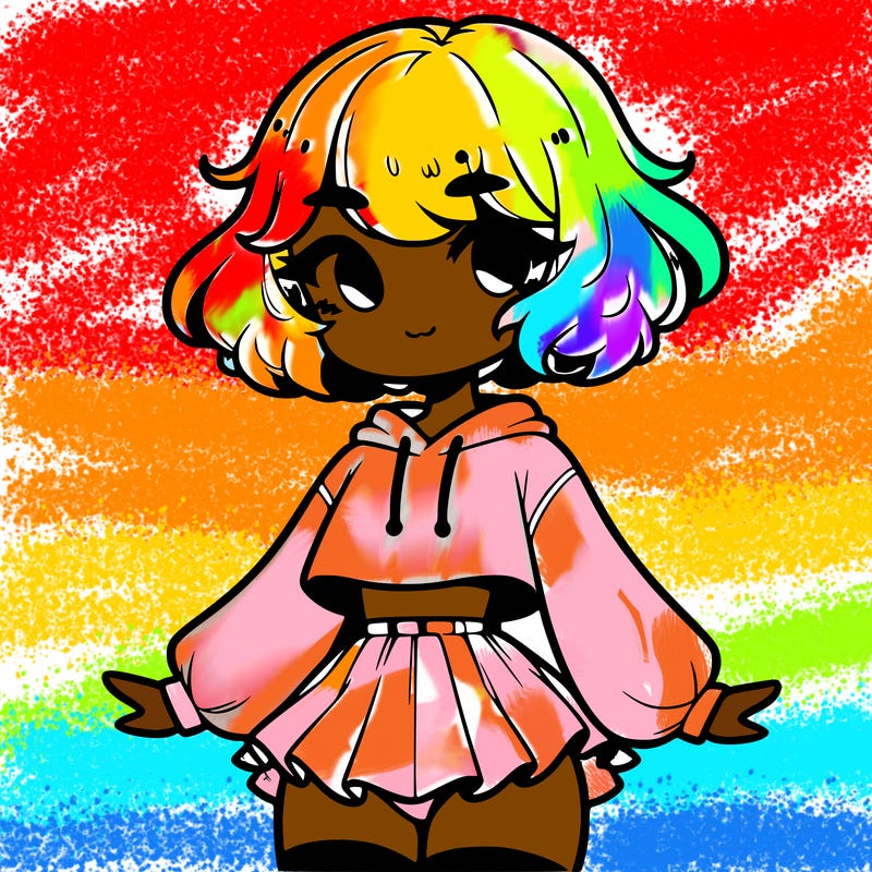 cute femboy with short, fluffy hair that softly frames their face, wearing a cropped hoodie, paired with a flouncy short skirt, and thigh-high stockings