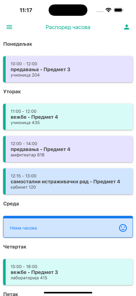 M-Indeks - M-Indeks mobile app screen showing a weekly university class schedule with lectures and classroom locations