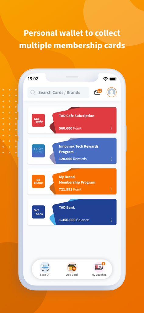 TADA - Memberships & Rewards - Mobile app screen showing the TADA digital wallet with multiple membership cards and loyalty points for various brands