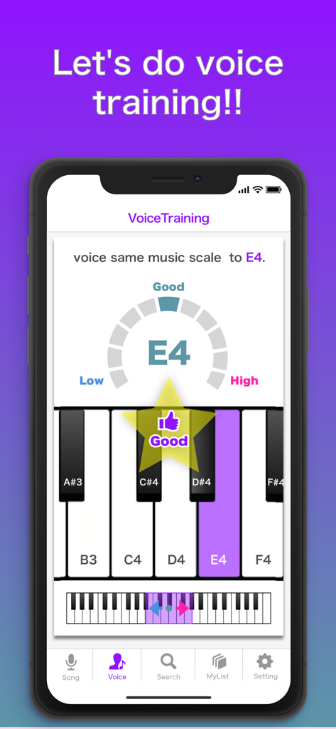 Karaoke Range & Voice Training - A mobile app screen for voice training featuring a pitch meter and a piano keyboard for singing practice.
