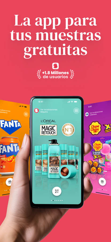 Samplia - Pantalla de un smartphone que muestra la aplicación Samplia con muestras de productos gratuitas de marcas como Loreal y Fanta