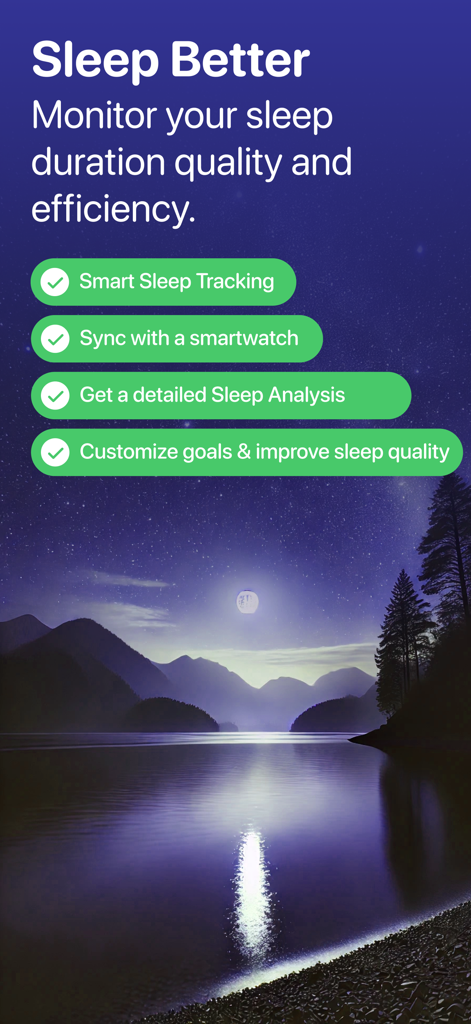 SleepMinder: Ai Sleep Tracker - SleepMinder app interface showing key features like smart sleep tracking, smartwatch sync, and detailed analysis over a serene lake at night.