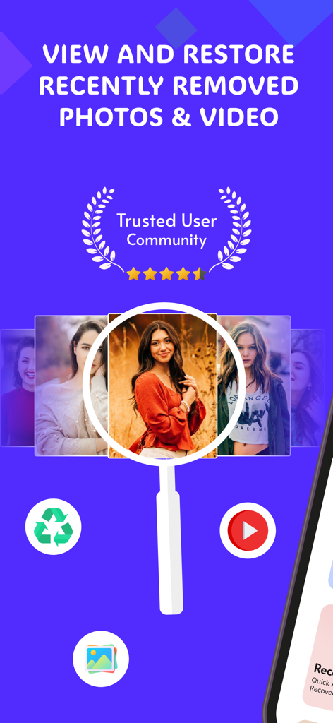 Deleted Photo Recovery. - App interface showing how to view and restore recently removed photos and videos