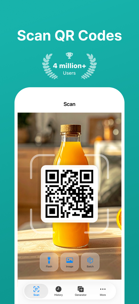 QR Code Scanner · Barcode - QR Code Scanner app interface scanning a code on a juice bottle with options for history and code generation