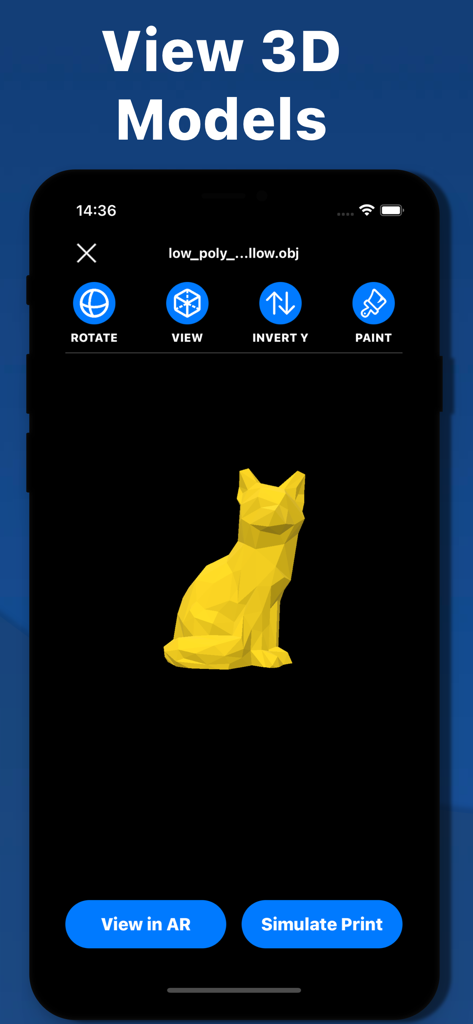 3D Model Viewer - AR & Print - Screenshot of the 3D Model Viewer app interface showing a low-poly yellow cat model with editing and AR viewing options