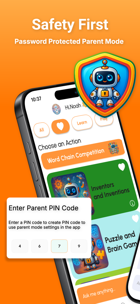 Chat Kids: Safe AI for Family - Mobile screen showing the password protected parent mode with a PIN entry for enhanced safety in the Chat Kids app