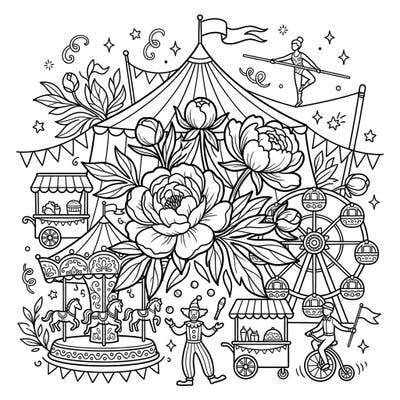 Discover an extraordinary coloring scene where the rustic charm of wild peonies blossoms amidst the vibrant energy of a carnival. This unique design invites you to bring a spectacular fusion of nature and festive fun to life with your favorite colors.