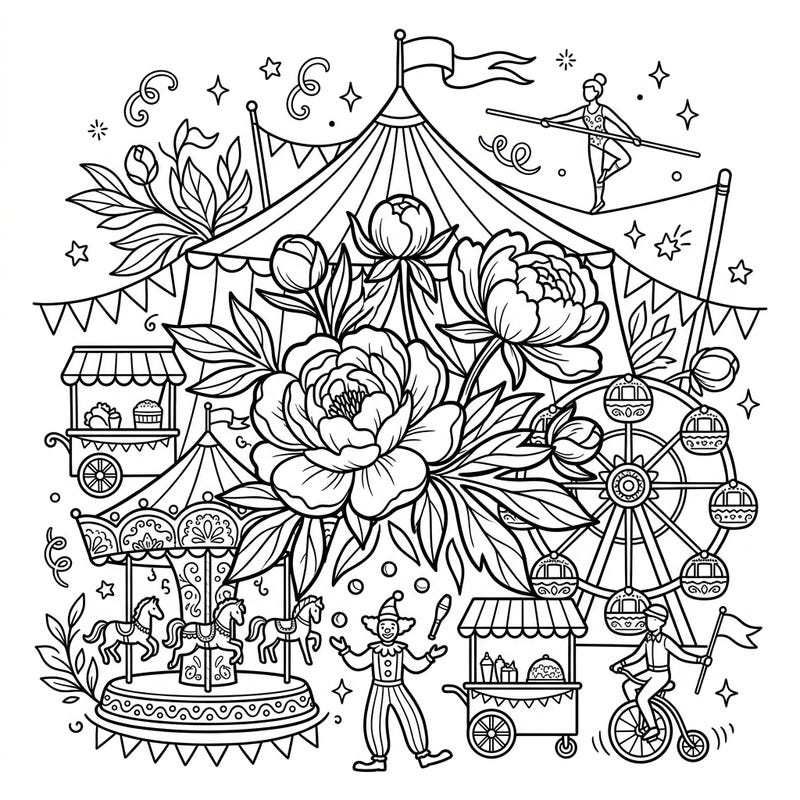 Discover an extraordinary coloring scene where the rustic charm of wild peonies blossoms amidst the vibrant energy of a carnival. This unique design invites you to bring a spectacular fusion of nature and festive fun to life with your favorite colors.
